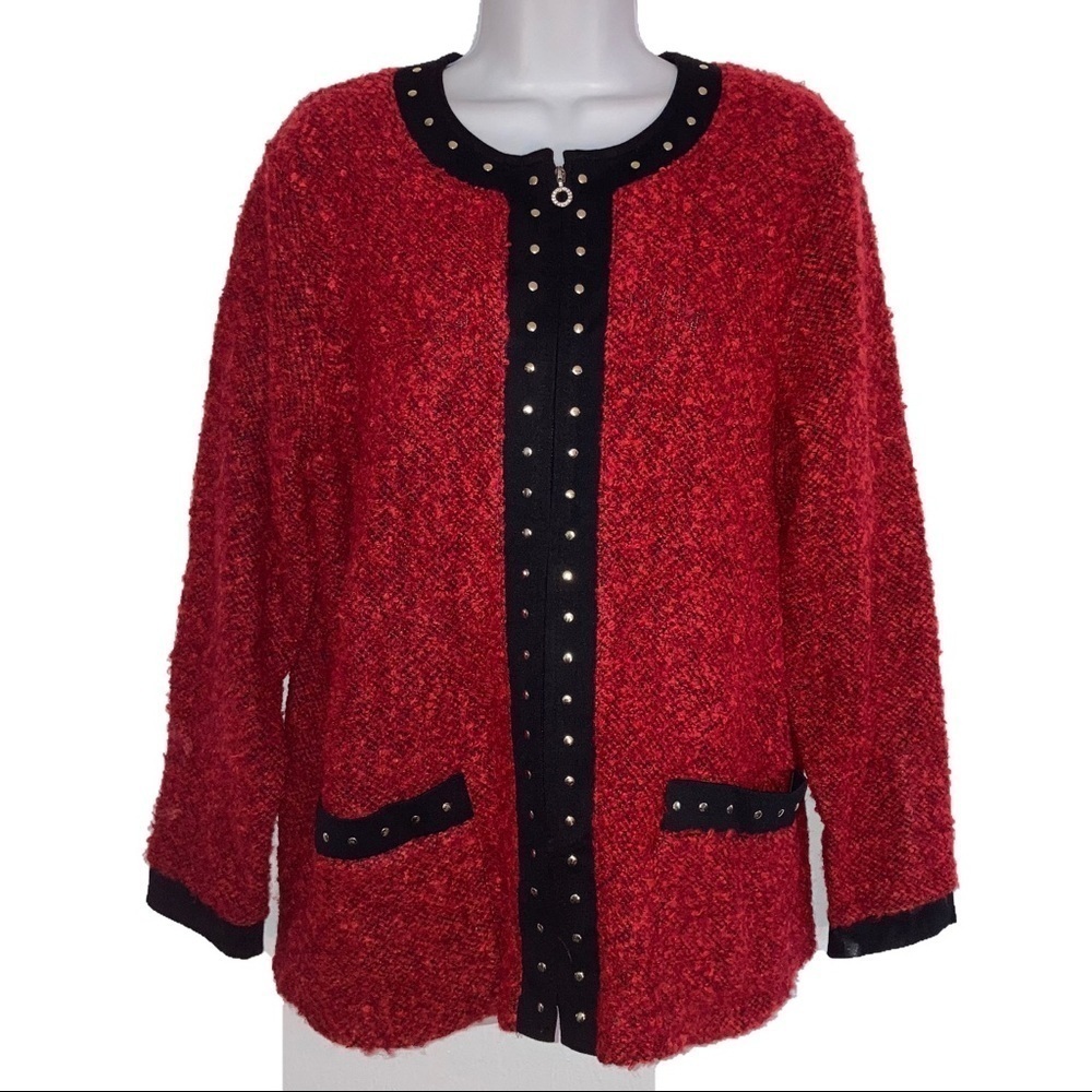 Cathy Daniels Zip Front Boucle Cardigan Sweater Jacket L Red Black